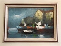 Oli On Canvas, Boats In The Harbor, Signed