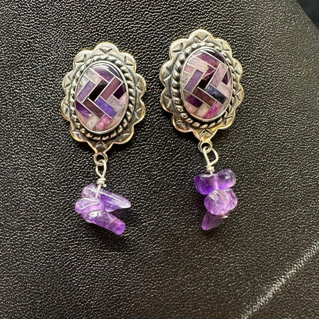 Sterling Silver Purple Stone Mosaic Earrings