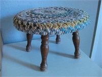 12"x 8" Vintage Wood Footstool W/Rag Rug Cover