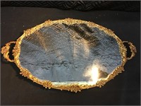 Antique Gold Tone Mirror Vanity Tray