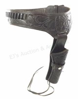 Tooled Leather Belt With Gun Holster