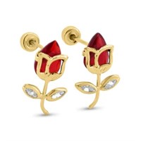 14 Kt-Yellow Gold Flower Red Earrings