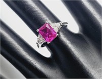 Sterling Silver Synthetic Pink Sapphire & CZ Ring