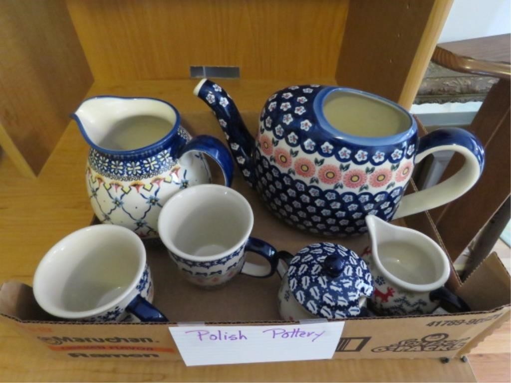 POLISH POTTERY (WATERING CAN, CUPS, CREAMER