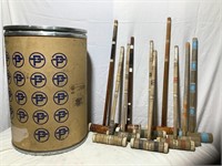 Croquet  mallets and tub