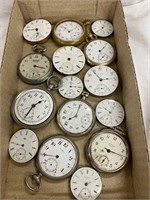 Pocket watch movements, some in cases