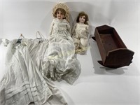 (2) VTG Porcelain Dolls, Dresses, & Crib
