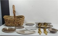 Woven Basket And Silver Plated Trays And Brass