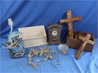 Dolphin Lamp, Wood/Metal Crucifixes, Quartz Clock