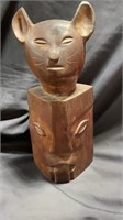 Wood Carved Sculpture, Cat Face, 18" h