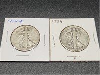 Two 1934 Walking Liberty Half Dollars