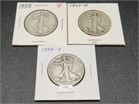 Three 1935 Walking Liberty Half Dollars