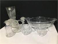 (6) Etched Glass Vase,Bowl,Sugar,Creamer,Vinegar