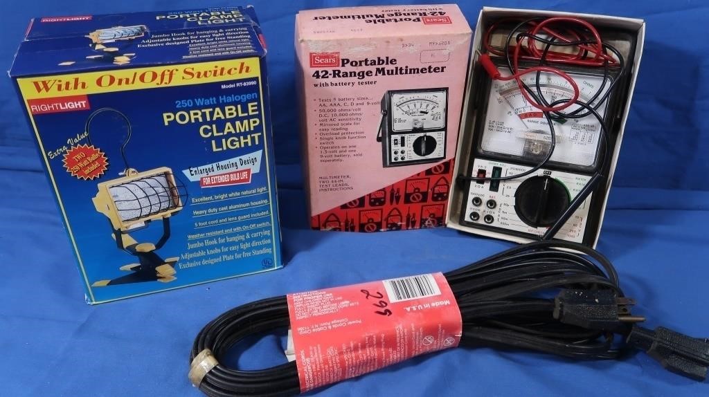 NIB Portable Clamp Light, NIP 25' Extension Cord,