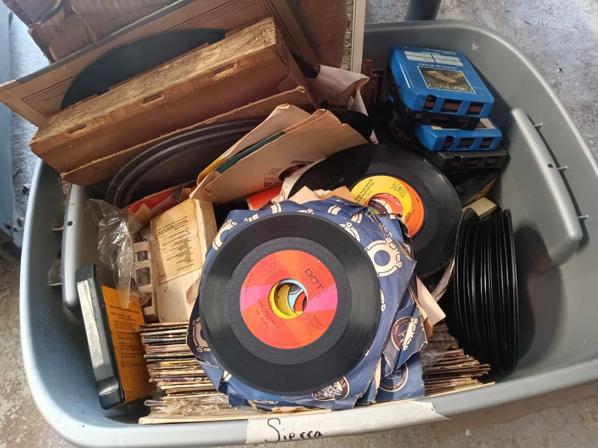 BOX LOT OF ASSORTED RECORDS AND 8 TRACKS
