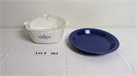 BLUE CORNFLOWER CASSEROLE DISH AND COBALT BLUE PIE