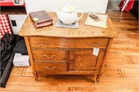 Antique Oak Small Dresser; Bible; White Tea Pot;