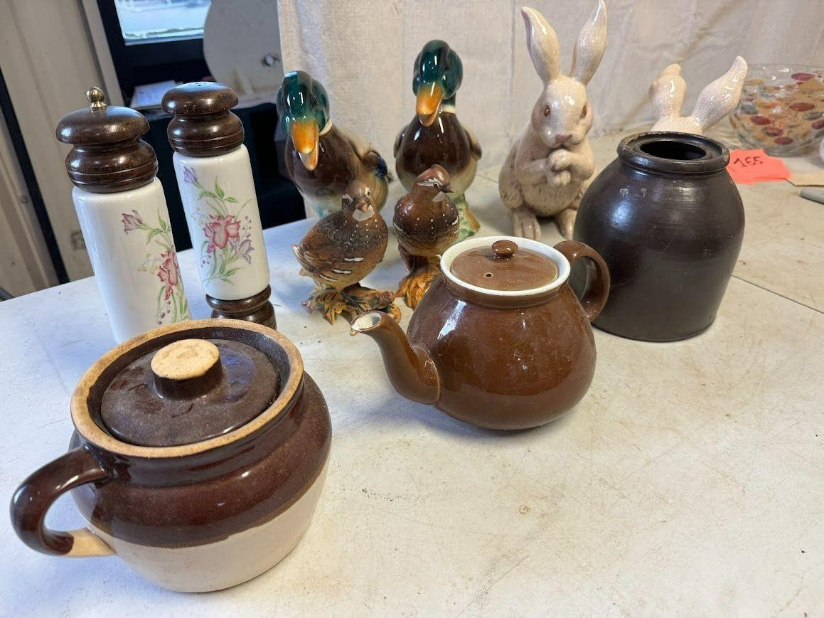 Pair of Rabbits, Ducks, Quail, Teapot Jugs, Shaker