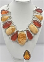 Gorgeous Sterling & 2 Tone Amber Necklace & Ring