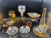 Large collection of amber & carnival glass