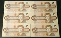 Lot of 6 Consecutive 1986 Bank of Canada $2 Bank N