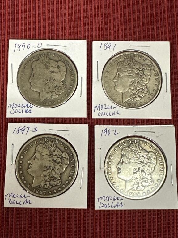 4 Morgan Silver Dollars:  1890-O, 1891, 1897-S