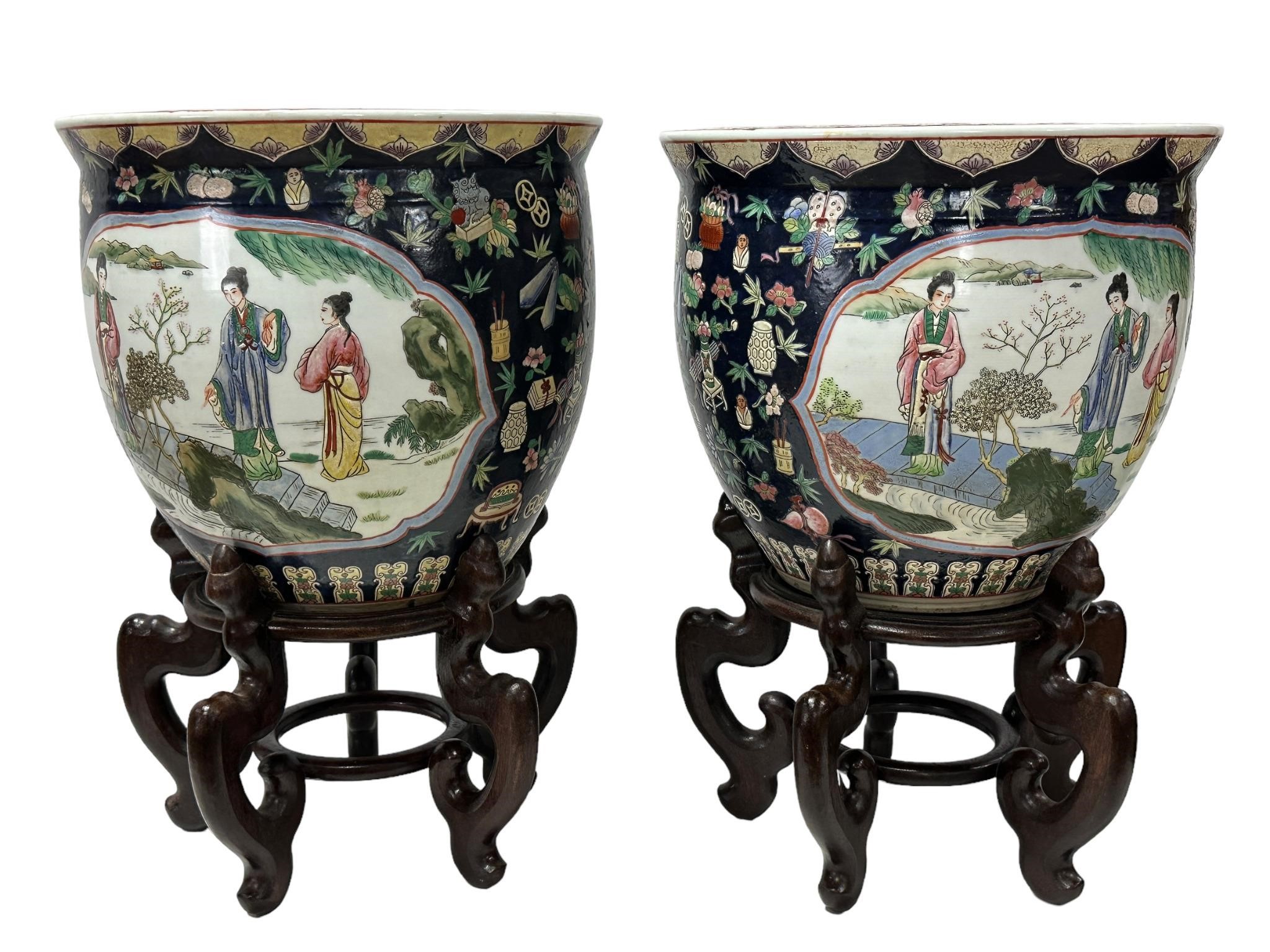 Pair of Asian Raised Enamel Planters w/ Stands