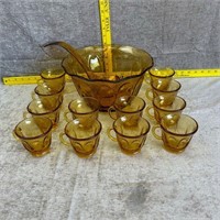 14 Pc Amber Glass Punch Bowl Set