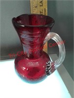 Crackled glass red art deco pitcher handmade with