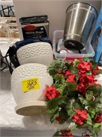 PAIR OF POTTERY PLANTERS, ARTIFICIAL FLOWERS,
