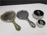 2 Vintage Beveled Hand Mirrors & Compact Jars