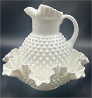 LARGE Beautiful Fenton Milk Hobnail Pitcher &