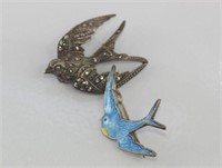Silver blue bird and marcasite bird brooches