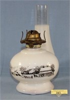 Currier and Ives Milk Glass Oil Lamp W/Shade