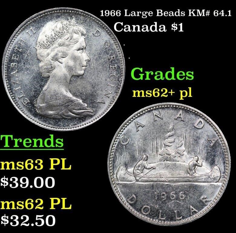 1966 Large Beads Canada Dollar KM# 64.1 1 Grades S