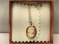 Sterling Silver Cameo necklace - carved shell -