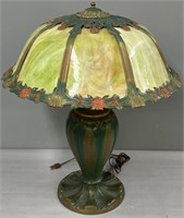 Antique Slag Glass & Painted Metal Table Lamp