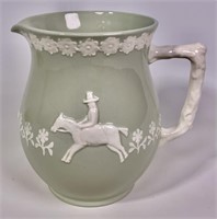 Spode pitcher, green and white, hunt scene,