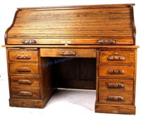 Paneled Oak Lighted Roll Top Desk