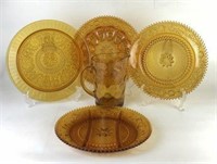 Assortment of Amber Glass Platters & Pitcher