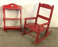 Painted Wooden Child's Rocking Chair & Wall Shelf