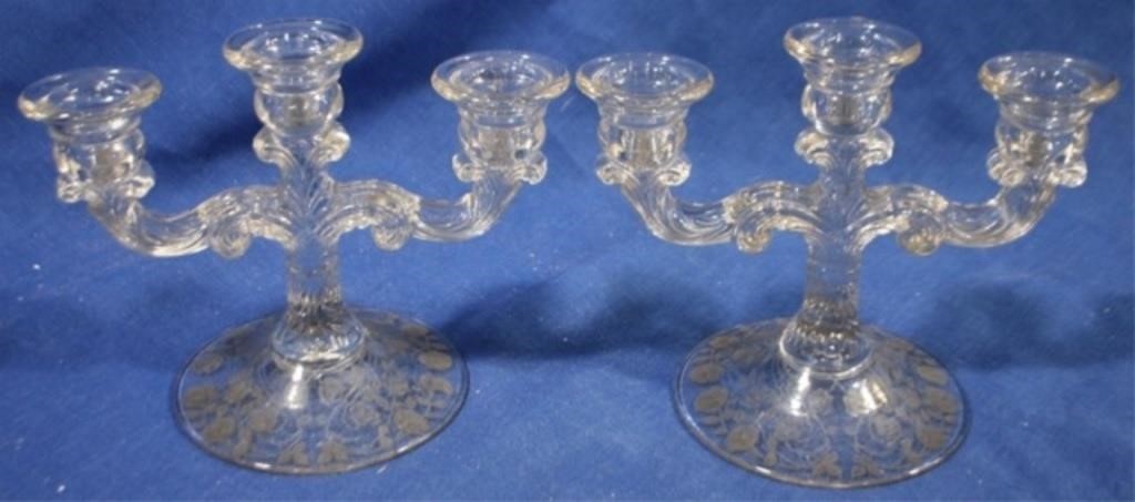 Pair Cambridge etched 3 light candlesticks