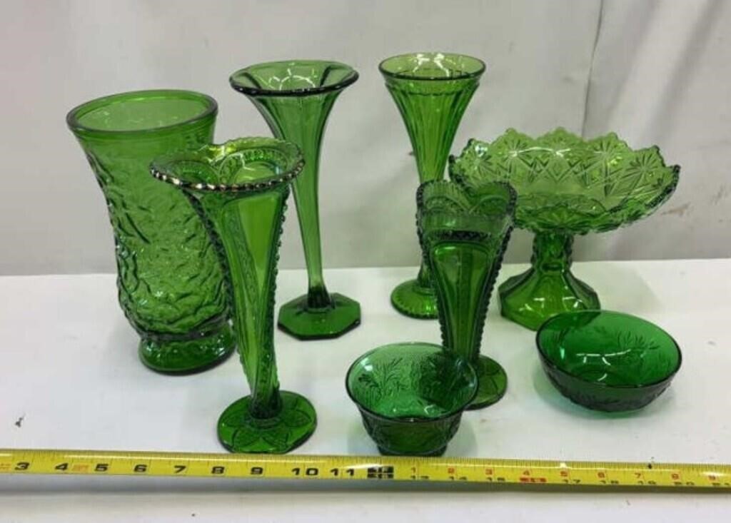 EAPG antique green glass trumpet vase, fine cut