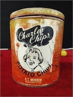 Charles Chips Vintage Tin Can w/ Lid
