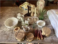 lot of dishes, milk glass, small crocks, candles,