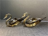 Pair of smoke colored art glass swan trinket bowls
