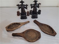 2 Wood carved figurines & 3 dough design molds