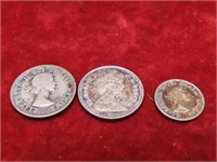 (3)Silver Canadian coins. 2-quarters, 1-dime.