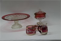 ANTIQUE CAKE STAND, CANDY DISH, ETCHED CREAMER,