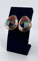 Zuni Indian Sterling Multi Stone Inlaid Earrings